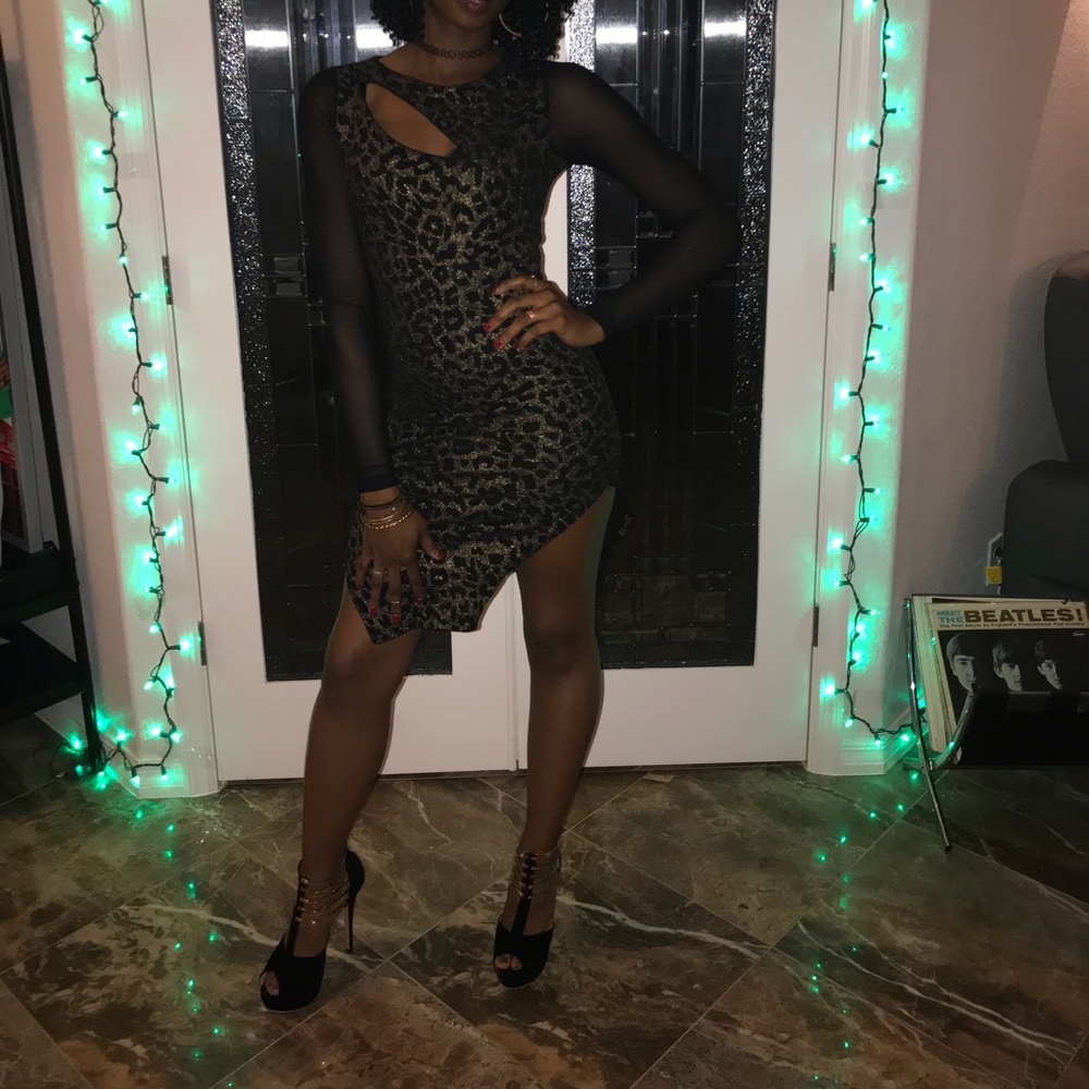 Gold cheetah print long sleeve dress